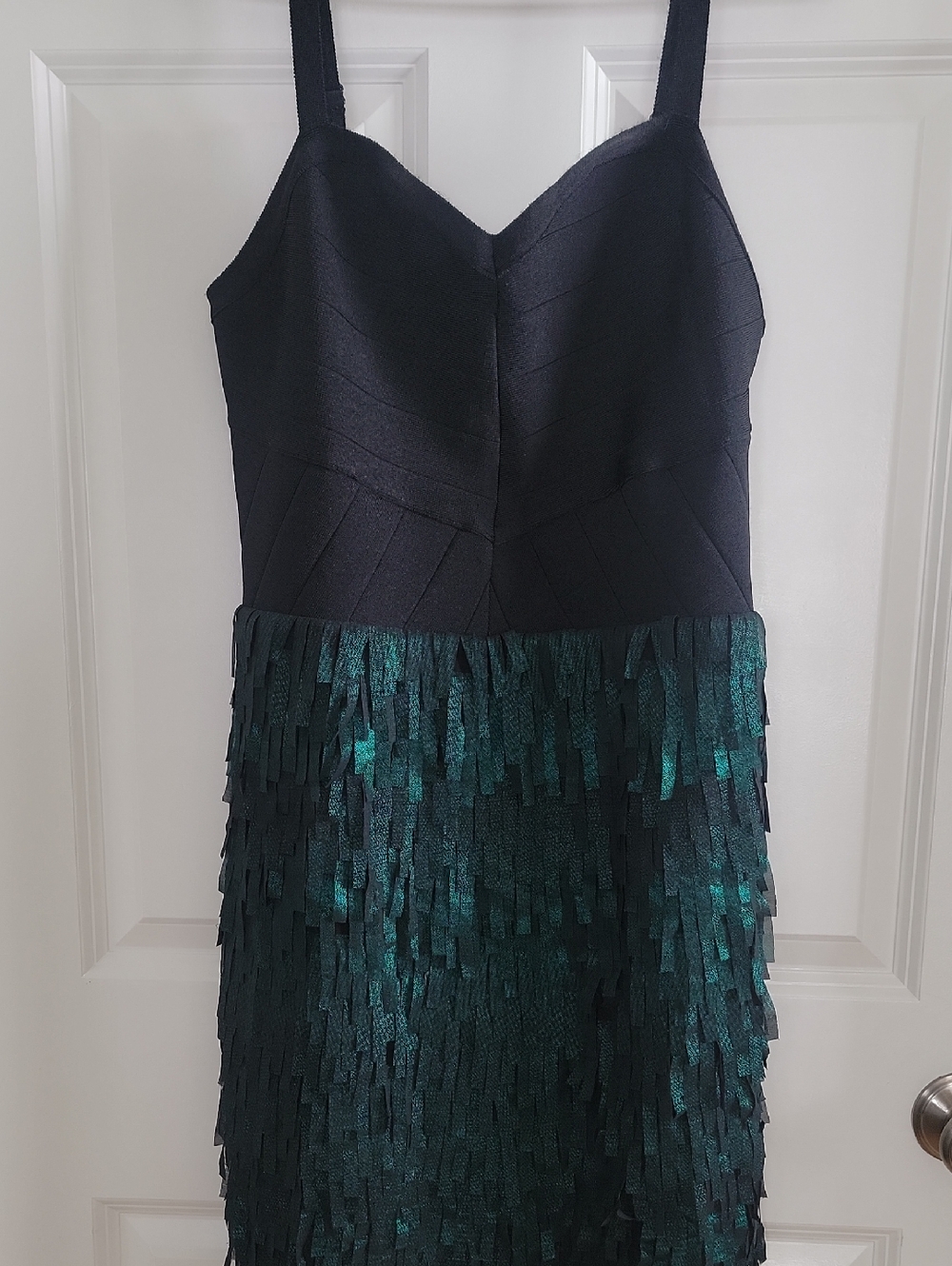 Bebe Black & Teal Fringe Evening Dress - Sleeveless V-Neck